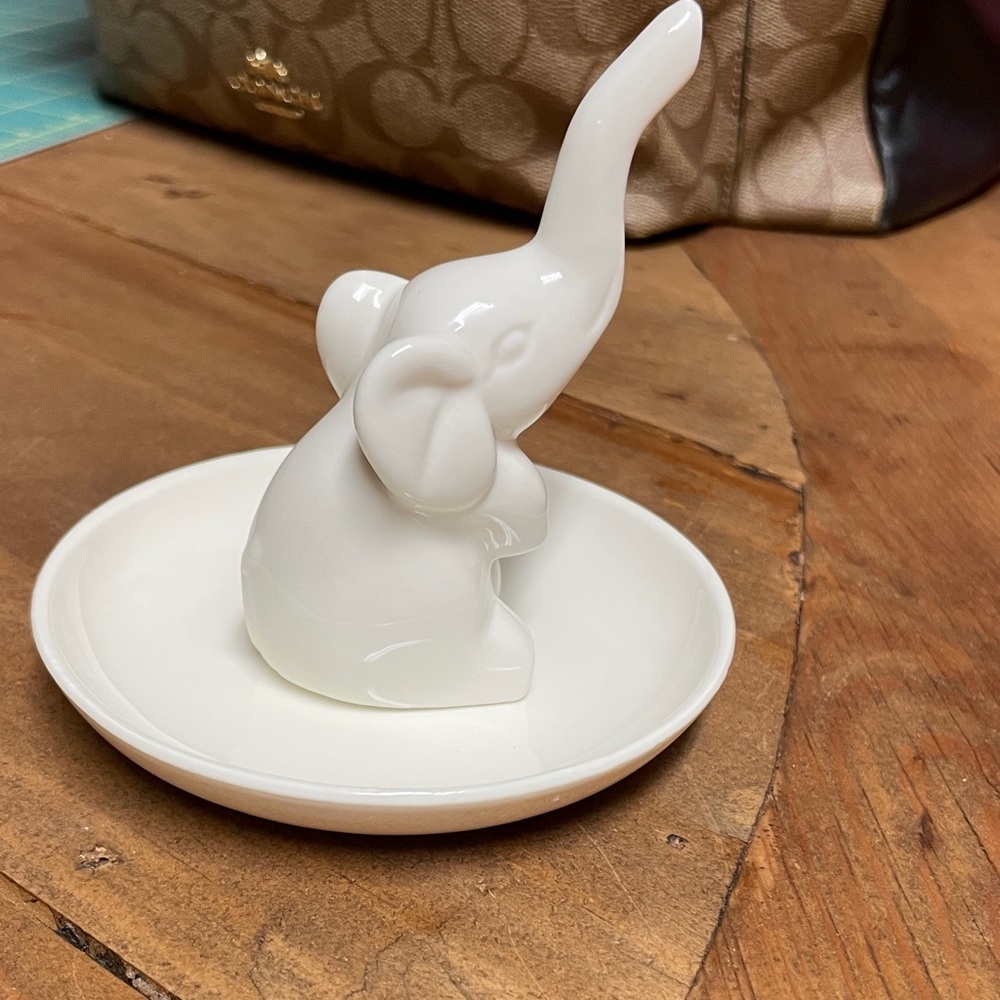 White Ceramic Elephant Ring Trinket Dish
